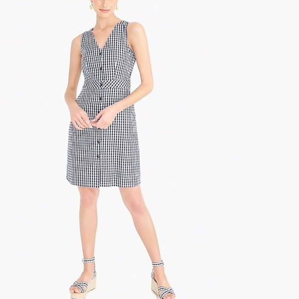 J. Crew Navy & White Gingham Seersucker Button Down Sleeveless Dress